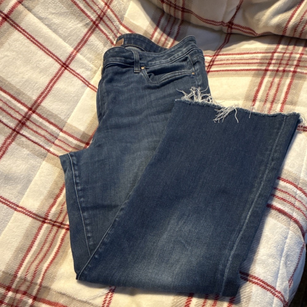 KUT from the Kloth Jeans Women Ankle Flare Blue Denim Frayed Hem Stretch Size 14